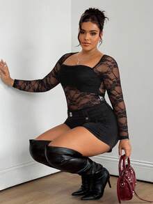 SHEIN EZwear 大码女式蕾丝透明性感修身圆领长袖上衣