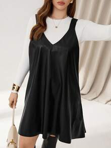 SHEIN Essnce Plus Size Black PU Dress, Women's Fall Halloween Costume, Elegant Summer Black And White Fashion Casual Business Suspender Curve Dress - Black - View 6
