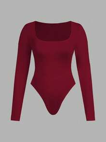 SHEIN Essnce Modische Lässig Business Outfit für Damen in Große Größen, 2-teilig, Schwarz, Burgund, Ankerrot, Mehrteiliger enger Jumpsuit mit Bodycon-Schnitt, Quadratischem Ausschnitt und Langarm