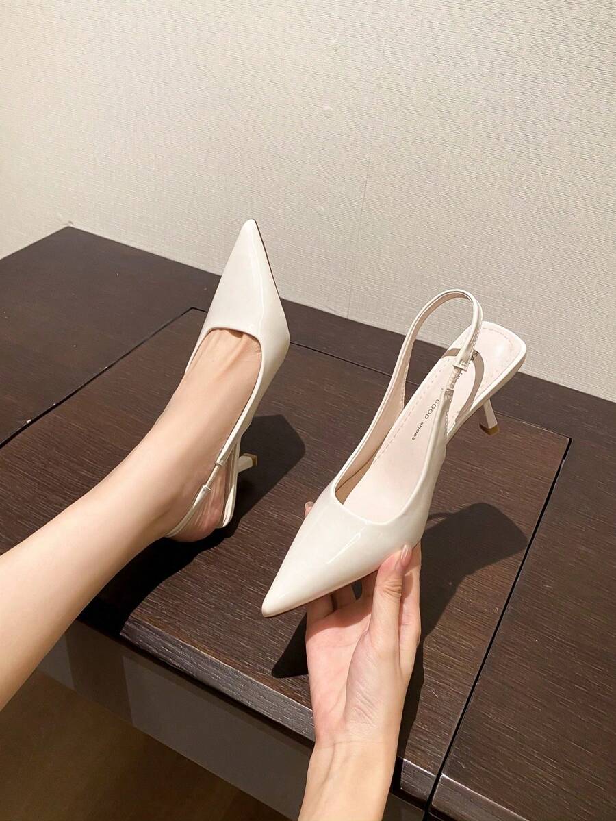 Sandalias francesas con tacón de aguja y punta puntiaguda para mujer, elegantes tacones altos de boca baja para uso diario. - Beis - Ver 1