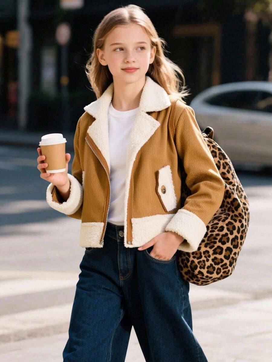 Young Girl Zipper Collar Long Sleeve Patchwork Fleece Casual Motorcycle Jacket Fall Winter - Khaki - View 1