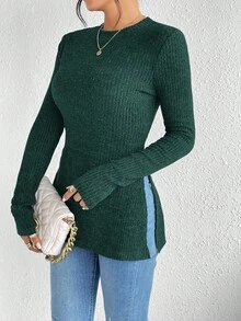 SHEIN Frenchy 纯色裂纹面料圆领下摆罗纹针织 T 恤 - 綠色 - 查看 5