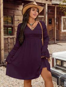 SHEIN LUNE Đầm ren dài tay cổ chữ V thanh lịch dành cho nữ cỡ lớn, thoải mái, mùa xuân/hè - Màu tím - Xem 4