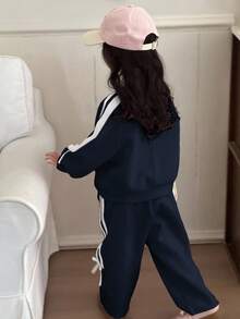 DAZY 2pcs/Set Young Girls Round Neck Knit Sweatshirt Set, Fall - Navy Blue - View 4