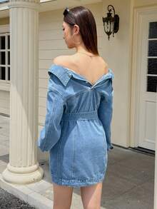 SHEIN EZwear 女式长袖单排扣时尚露肩性感牛仔连衣裙 - 藍色 - 查看 2