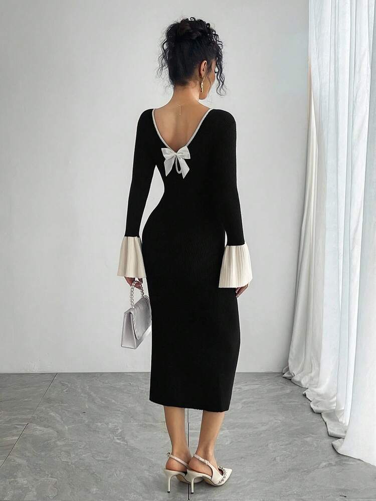 Elegant Contrast Color Bow Knitted Dress For Women, Autumn Sweater Dress