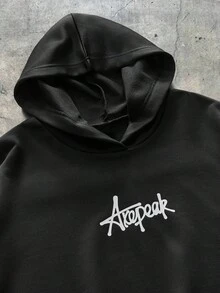 AXEPEAK 男士撞色条纹和字母印花连帽衫和运动裤套装，秋冬装 - 黑色 - 查看 5