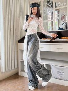 Rivivi 女式直筒宽松时尚百搭休闲低腰阔腿牛仔裤 - 灰色 - 查看 6