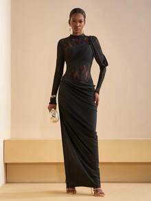 Zivah 新款秋冬优雅派对礼服，奢华高贵日常约会、生日派对、性感高端派对、夜店风、婚礼季宾客礼服、音乐节狂欢季婚礼宾客正式礼服、新娘礼服、高领长袖两件套连衣裙、蕾丝拼接针织面料、黑色透视连衣裙、紧身连衣裙、长款连衣裙、女士超长连衣裙 - 垂褶连衣裙 黑色透视连衣裙 优雅女士连衣裙 - 黑色 - 查看 6