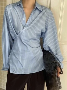 DAZY 新款秋季寬鬆休閒條紋商務休閒女款長袖上衣校園風 - 藍色 - 查看 3