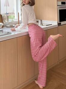 SHEIN 女士睡衣套装，甜美ins风泡泡格纹裤，字母刺绣罗纹针织上衣，长袖圆领方格睡衣套装，秋冬服装 - 白色 - 查看 3