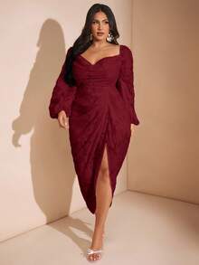 SHEIN BAE Đầm xòe tay dài màu hồng, cổ xếp nếp, tay dài, đính kim sa lấp lánh gợi cảm dành cho nữ cỡ lớn, thanh lịch, quyến rũ - Màu Đỏ Sâu - Xem 5