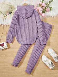SHEIN Tween Girls' Knitted Ribbed Hooded T-shirt With Asymmetrical Hem And Tight Pants Two-piece Set - Purple - View 2