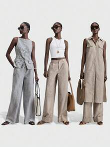 Ontre 2 件套女士亚麻混纺条纹无袖上衣休闲裤套装，灰色，度假风格，2025 年新款，适合日常穿着和商务休闲 - 灰色 - 查看 3