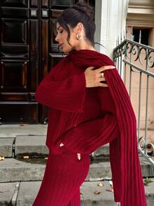 Firerie Women's Round Neck Flare Sleeve Top, Wide Leg Pants And Scarf 3 Pieces Set, Women's Minimalist Sweater Set, Red Sweater Set, Spring/Autumn/Winter Clothing, Commuting, Elegant, Casual Daily, Work Attire