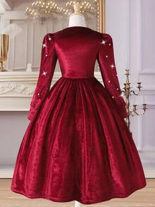 Glamorique Kids Mädchen Vintage elegantes Samt-Perlen-Dekor Ausschnitt rundhals Puffärmel Taille hoch A-Linie Midi-Kleid