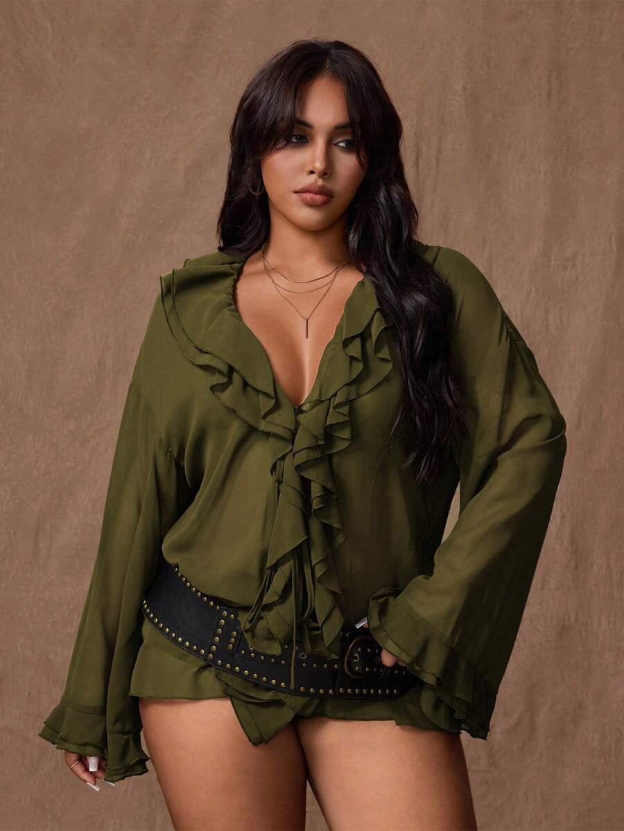Rustia Plus Size Women Solid Color Chiffon Thin Double Ruffle Trim Loose Tie Front Long Sleeve Blouse - Army Green - View 1