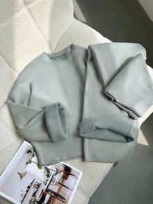 EMERY ROSE New Fashion Autumn/Winter Round Neck Fluffy Loose Casual Slouchy Knitted Wide Leg Pants & Sweater 2 Pieces Set - Light Grey - View 6