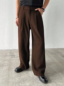 Claim Dot 男士厚阔腿裤，纯色，有口袋，褶皱，宽松，秋季 - 咖啡棕 - 查看 3