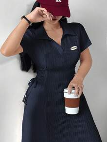 Modelyn Plus Size Polo Collar Textured Fabric Waist Tie Cinched Waist Dress - Navy Blue - View 3