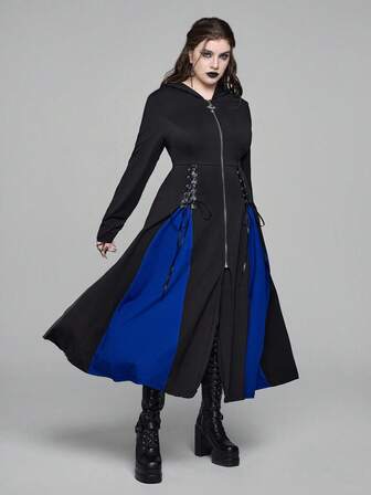EDITION Veste à capuche mi-longue pour femmes grandes tailles, style gothique, avec fermeture éclair, laçage en dentelle, PU, rayures et ourlet bicolore