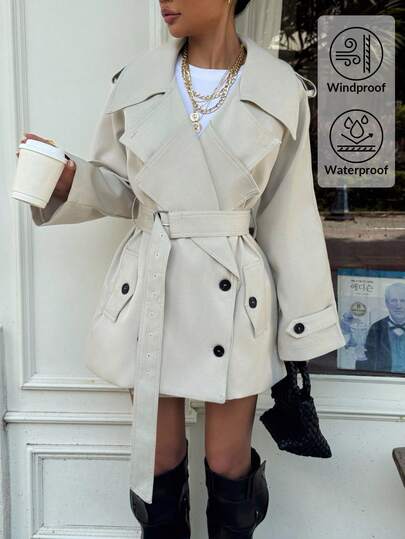 SHEIN EZwear Women's Fashionable & Elegant Double-Breasted Belted Trench Coat French Style Clothes Women Trench Coat Trench Coat Women In Fall/Winter,Cozy Fall And Winter Clothes For Women