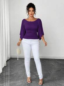 SHEIN Elenzya 大码女式针织高弹力喇叭袖圆领纯色优雅T恤 - 紫色 - 查看 3