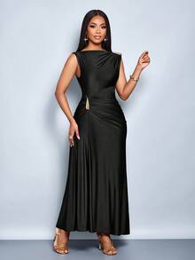 SOLERSUN Đầm nữ dáng ôm trang trí kim loại màu trơn thanh lịch thời trang thu đông, thích hợp mặc đi làm hàng ngày, mua sắm, tiệc tùng, tụ tập - màu đen - Xem 3