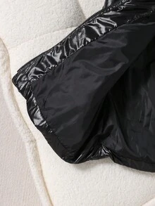 Teen Girl Black Winter Casual Fashionable Hooded Padded Coat,Shiny Pleated Woven Fabric,Unique Cinched Waist Design,Loose & Comfortable,Daily Commute - Black - View 8