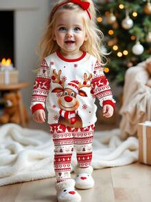 SHEIN 女婴圣诞节可爱卡通驯鹿、雪花、圣诞几何花卉费尔岛图案红色节日休闲简约舒适厚紧身裤和长袖上衣睡衣套装，适合秋冬季 - 彩色 - 查看 2