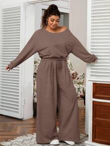 SHEIN EZwear 大码纯色不对称领长袖上衣和口袋裤休闲两件套 - 棕色 - 查看 3
