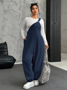 SHEIN EZwear Quần yếm thun gân màu xanh xám cỡ lớn, thu/đông - Màu xanh ngọc - Xem 6