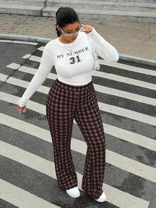 SHEIN EZwear Plus Size Plaid Print Elastic Waist Flare Pants/Winter - Brown - View 5