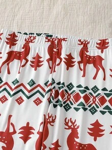 SHEIN 1 套圣诞快乐少女紧身睡衣，长袖勃艮第上衣，带有驯鹿、绿色和红色雪花、红色和白色几何印花，配套裤子，柔软弹力针织面料，可机洗，穿着舒适，家庭配套服装（4 套单独出售） - 彩色 - 查看 8