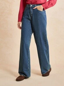 Écloséra Women's Pocketed Wide Leg Loose Casual Versatile Denim Pants Y2k - Dark Wash - View 4