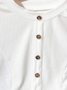 SHEIN LUNE CURVE 女式大码纽扣装饰褶皱针织休闲T恤 - 白色 - 查看 3