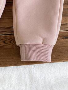 2pcs/Set Baby Girl Cute Dusty Pink Outfit,Plush Collar Long Sleeve Top + Plush Heart Decor Pants,Comfortable Autumn Winter Daily Wear Fall Clothing - Pink - View 7