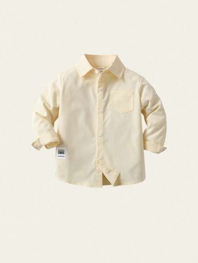 SHEIN Young Boy Casual Comfortable Solid Color Long Sleeve Shirt, Refined Small Logo Decor, Pairs Well With Casual Pants, Suitable For Daily Casual Wear, Travel, Gatherings, Holidays And School, Versatile Shirt For Spring And Autumn Seasons Chic Outfits For Autumn/Winter