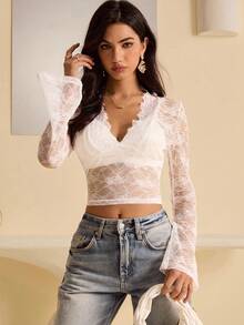 Bluhae Women's Lace Sheer Bell Sleeve V-Neck Blouse, Autumn - White - View 5