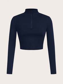 SHEIN Essnce Women's 3 Pieces Tracksuit Set, Ribbed Mock Neck Partial Zip Long Sleeve T-Shirt, Sports Bra Camisole, High Waist Leggings, Women's 3 Pieces Set, Leggings And Bustiers And Overalls - Navy Blue - View 10