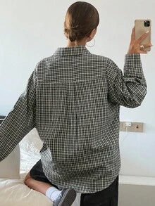 Livesso 格子宽松长袖翻领女式衬衫，秋季衣服，法兰绒女式 - 黑色 - 查看 2