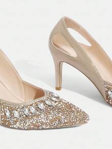 CUCCOO TILAWA Fashionable Sexy Pointed Toe Thin High Heel Hollow Out Rhinestone Glamorous Party Champagne Women's High Heel Pumps For Christmas - Champagne - View 10