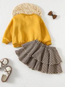 Cozy Pixies 两件套女婴服装 - 蝴蝶结装饰圆领长袖卫衣和格子松紧腰裙，舒适、百搭、时尚、休闲、优雅，适合室内、室外、日常、学校、运动、派对、节日、万圣节、圣诞节、情人节等多种场合。 - 彩色 - 查看 2