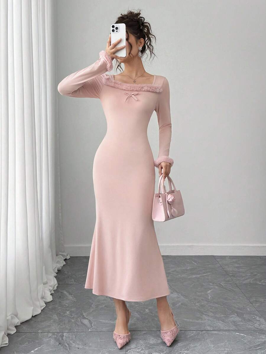 少女粉色方领蝴蝶结装饰腰部修身鱼尾下摆连衣裙，柔软甜美 - 粉色 - 查看 1