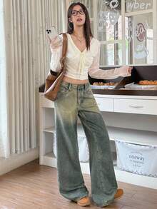 Rivivi 女式休闲阔腿直筒纽扣口袋牛仔裤 - 藍色 - 查看 6