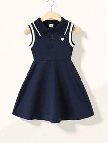 SHEIN Explorewe 小女童愛心圖案條紋飾邊Polo領連衣裙 - 藏蓝色 - 查看 1