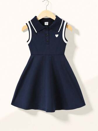 SHEIN Explorewe Robe D'été Sans Manches À Col Polo Rayé Imprimé En Forme De cœur De Style Preppy Pour Jeune Fille