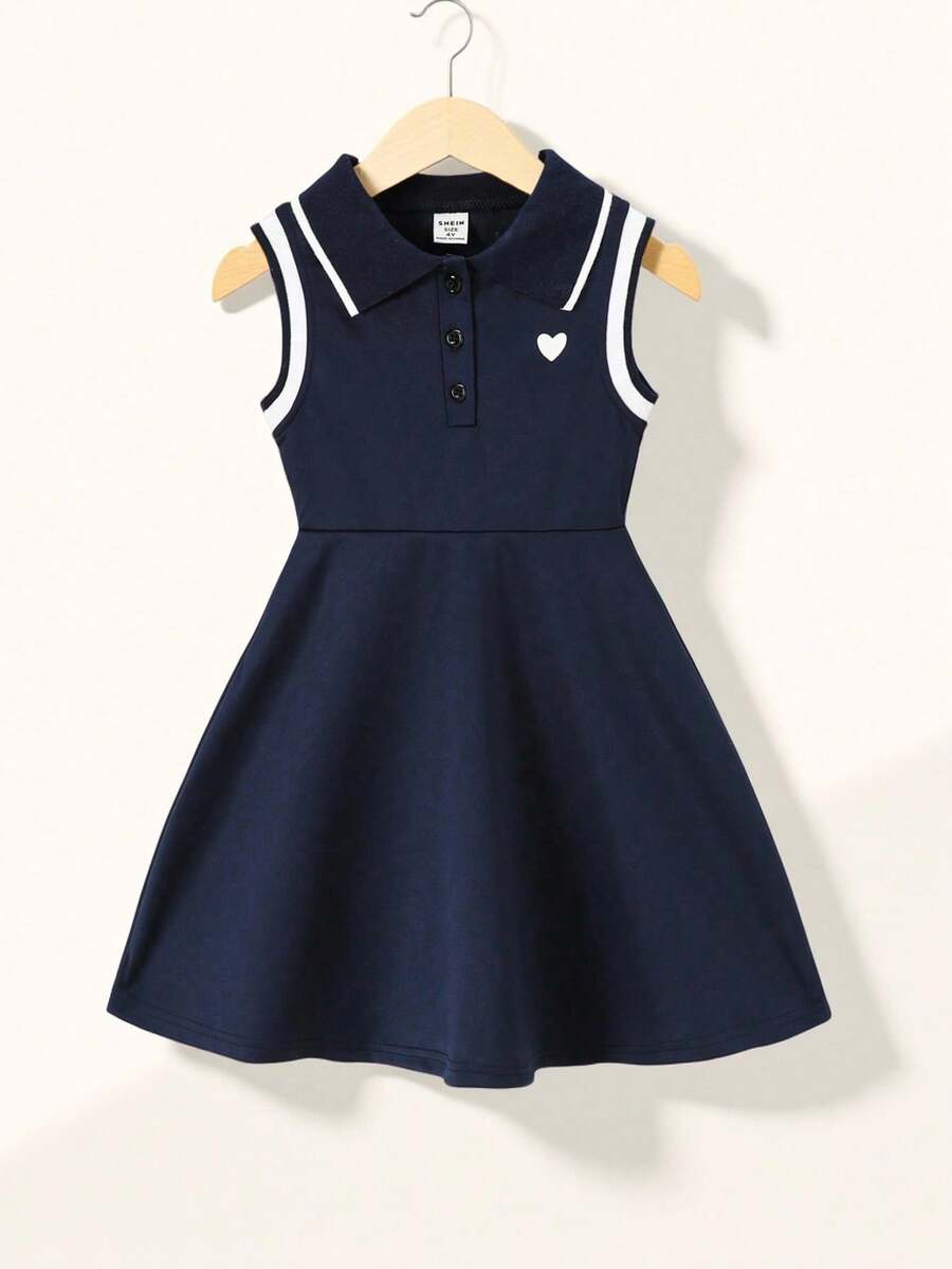 SHEIN Explorewe 小女童愛心圖案條紋飾邊Polo領連衣裙 - 藏蓝色 - 查看 1