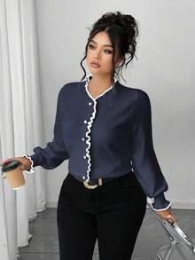 Elenzga Suéter de manga larga ajustado con falso plastrón, elegante y de moda para tallas grandes