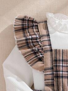 Souflis Souflis 2025秋冬法式复古休闲白色拉绒长袖T恤搭配可爱格纹吊带连体裤，适合女宝宝外出聚会等多种场合 - 白色 - 查看 4